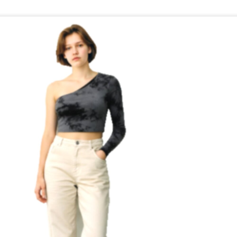 Women’s One Shoulder Crop Top XL Black Gray Tie Dye Asymmetrical Long Sleeve - Picture 10 of 10
